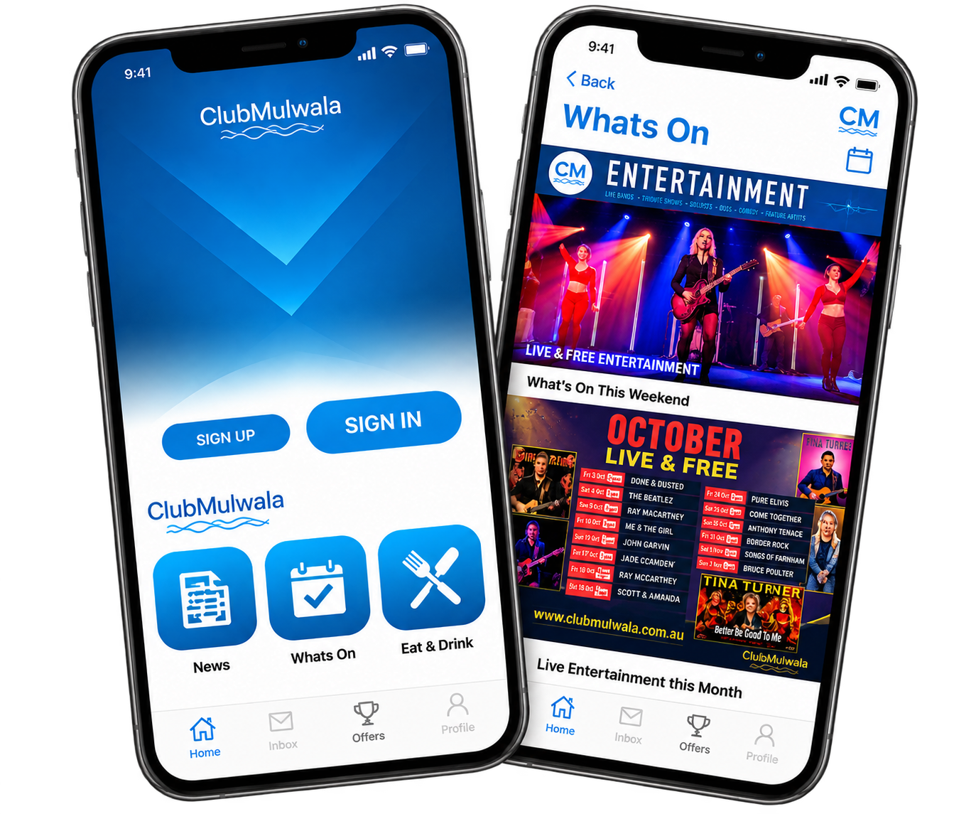ClubMulwala App showing the digital membership card and What's On screens